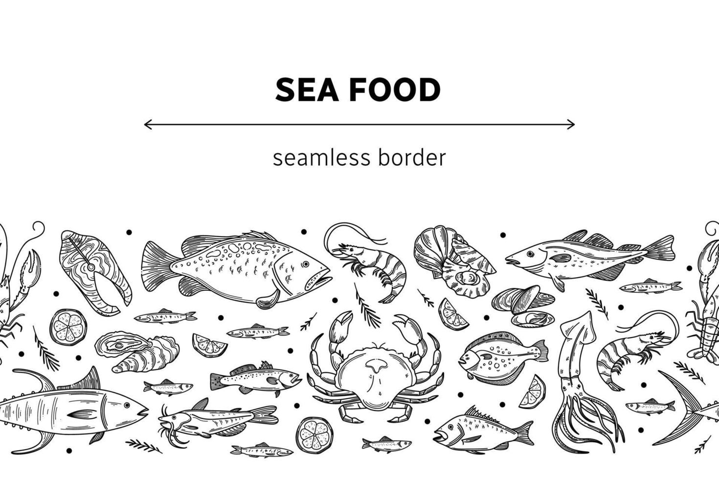 Vector hand drawn seafood seamless border with mussel, fish salmon and shrimp. Lobster, squid, scallop and tuna for product market or seafood restaurant