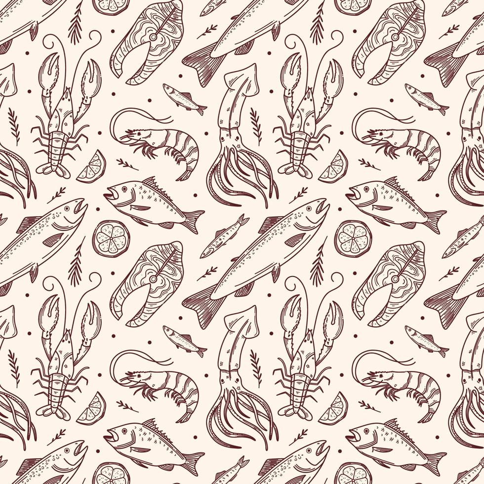 Vector hand drawn seafood seamless pattern with mussel, fish salmon and shrimp. Lobster, squid, scallop and tuna for product market or seafood restaurant