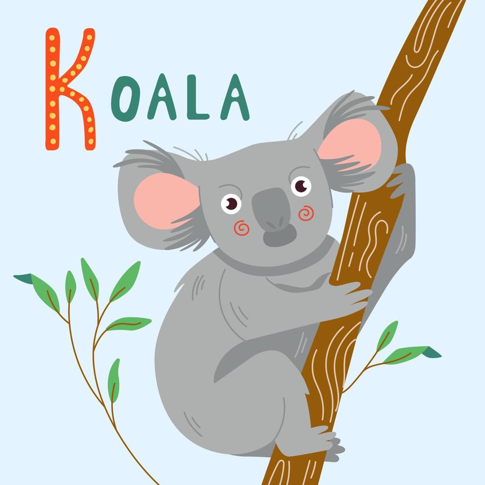 Cute cartoon character koala illustration. Vector print for kids design isolated on blue sky