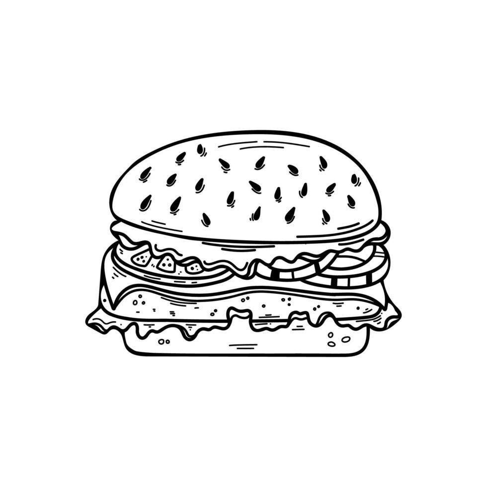 Vector illustration of burger with cutlet, tomatoes and greens in doodle style