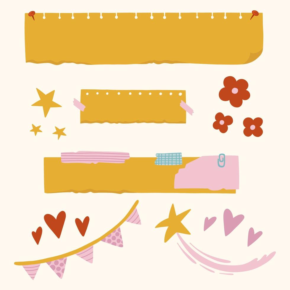 Set of colorful memo and papers vector illustration. Set of notepaper with tape. Blank stickers with ripped edges and strats and other cute stuff