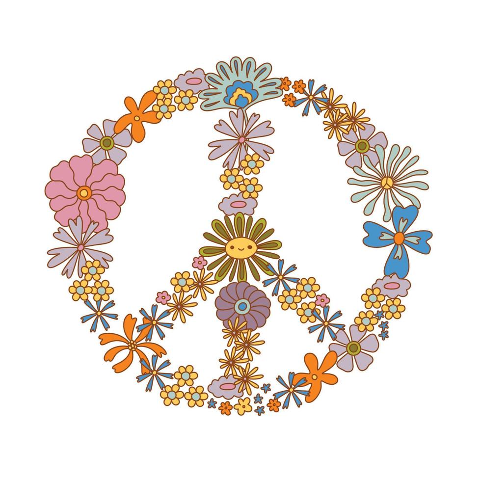 Retro 70s hippie peace sign floral wreath vector illustration isolated on white. Boho groovy floral pacifist symbol. Flower power. Flower child t-shirt print