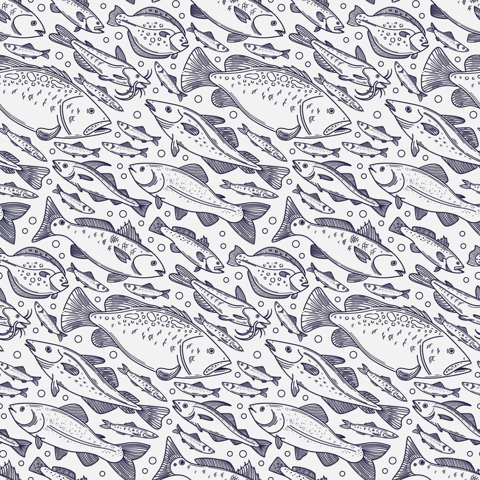 Fish seamless pattern. Hand drawn vector fishes background in vintage style