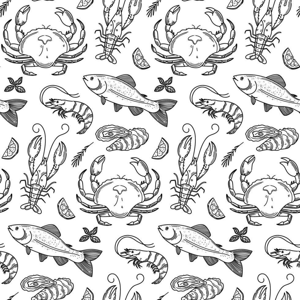Hand drawn seafood seamless pattern. Decorative doodle background of squid, salmon, scallops, lobster, crab, shellfish and mussels vector