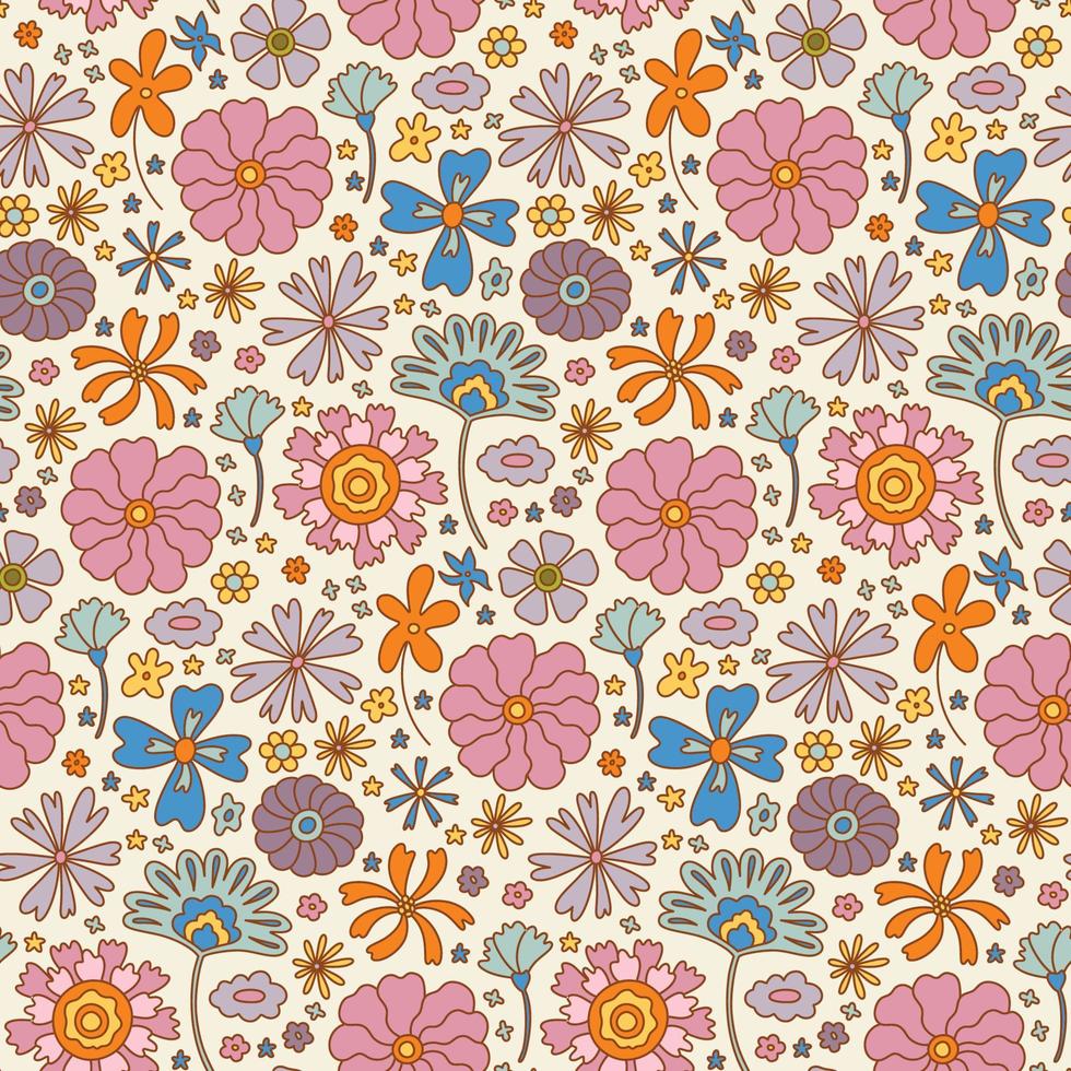 Groovy retro boho flower seamless pattern, vintage 70s digital paper. Hand  drawn flower background for fabric, textile, stationery, wallpaper 9277515  Vector Art at Vecteezy