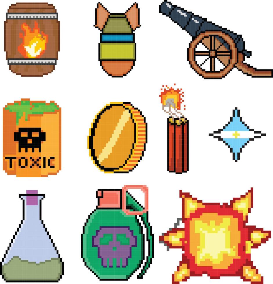 Conjunto de iconos de juego de arte de píxeles de 8 bits. conjunto de píxeles de elementos de la interfaz de usuario. mundo del juego y escena de píxeles. vector