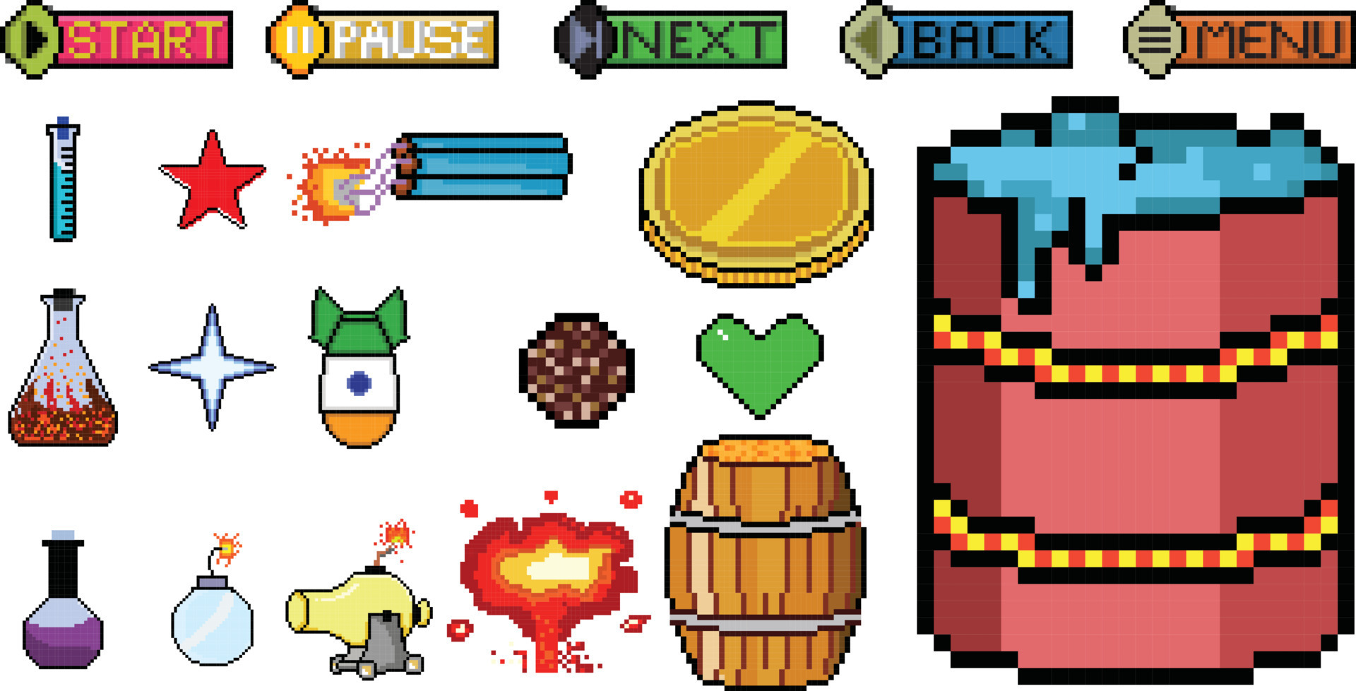 8 bit Pixel art game icon set. ui elements pixel set. game world and ...