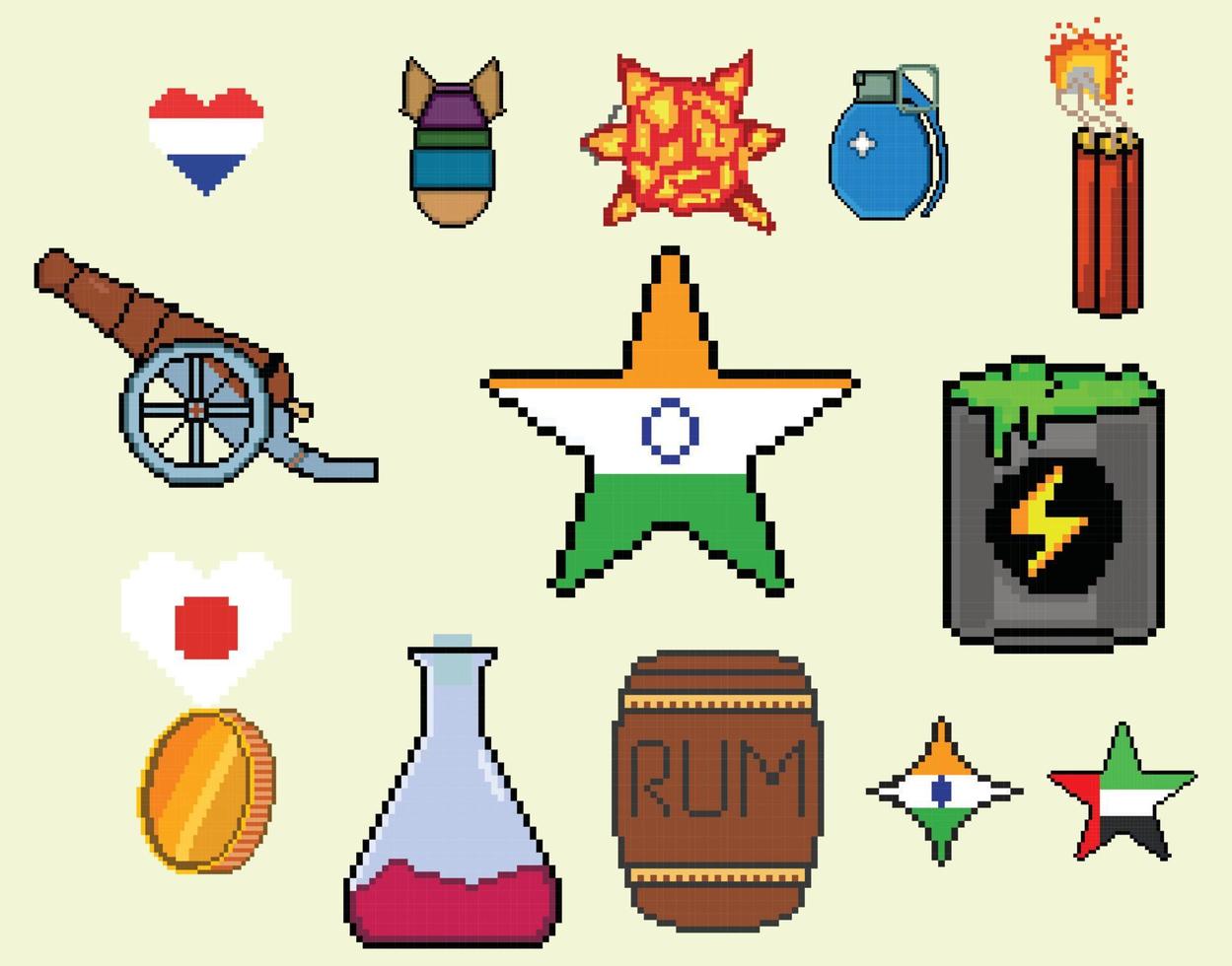 Conjunto de iconos de juego de arte de píxeles de 8 bits. conjunto de píxeles de elementos de la interfaz de usuario. mundo del juego y escena de píxeles. vector