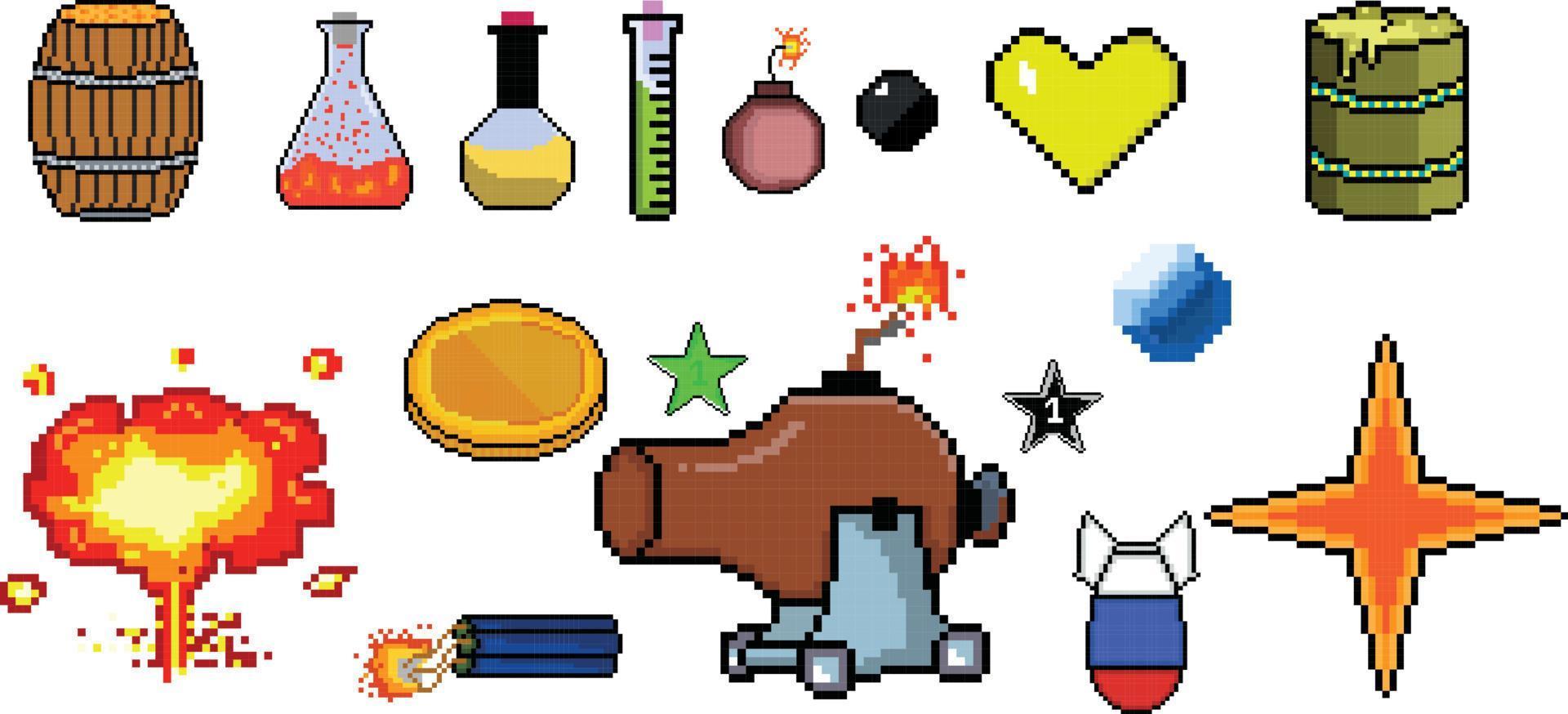 8 bit Pixel art game icon set. ui elements pixel set. game world and pixel scene. vector