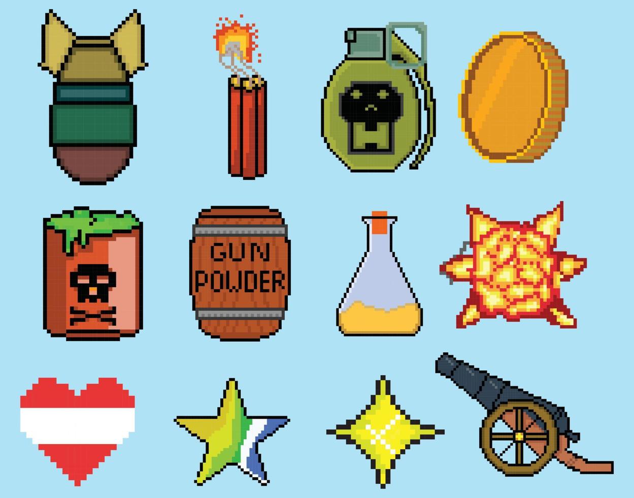 Conjunto de iconos de juego de arte de píxeles de 8 bits. conjunto de píxeles de elementos de la interfaz de usuario. mundo del juego y escena de píxeles. vector