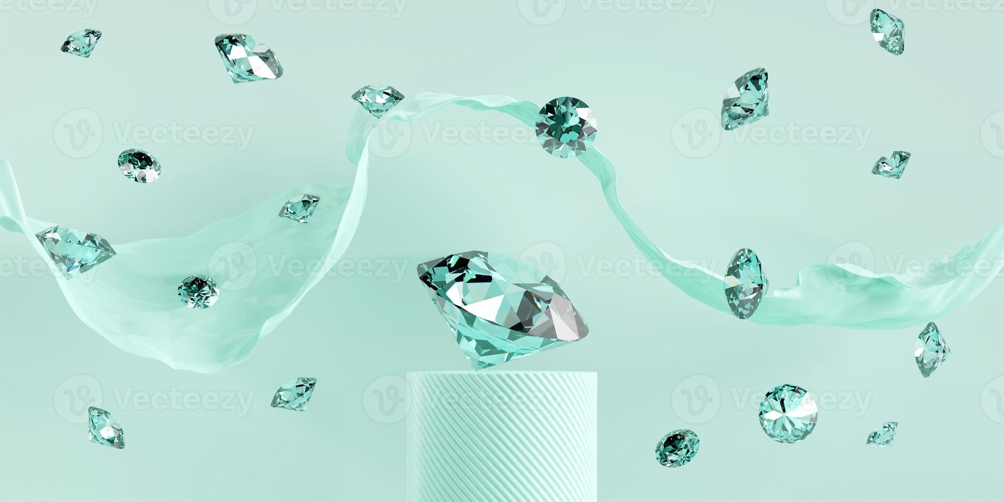 Green diamond gems falling on mint color background 3d rendering photo