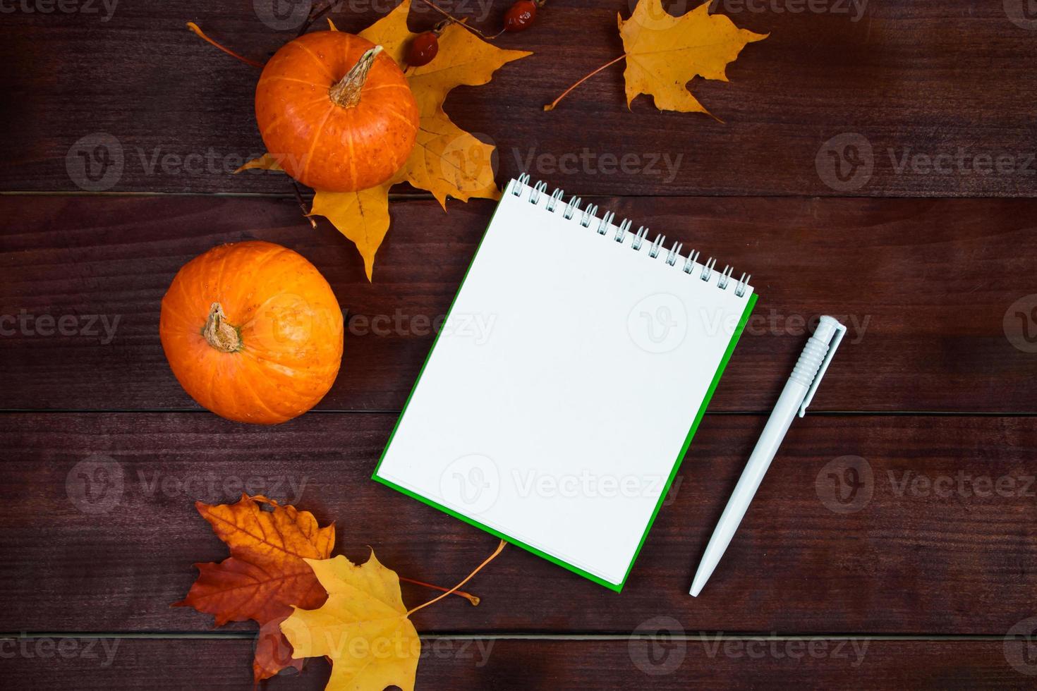Hello autumn concept. Fallen yellow leaves, pumpkins and a blank notepad on a wooden background. photo