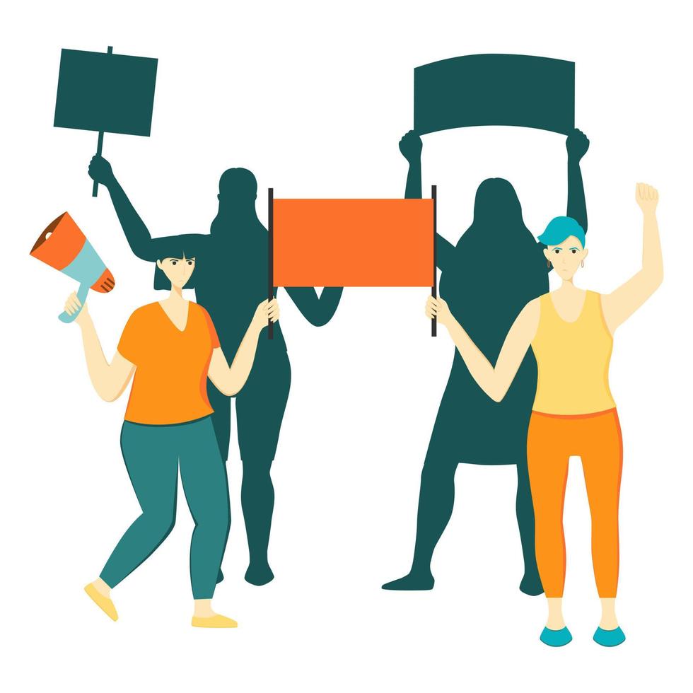 Women protest with banners vector flat illustration