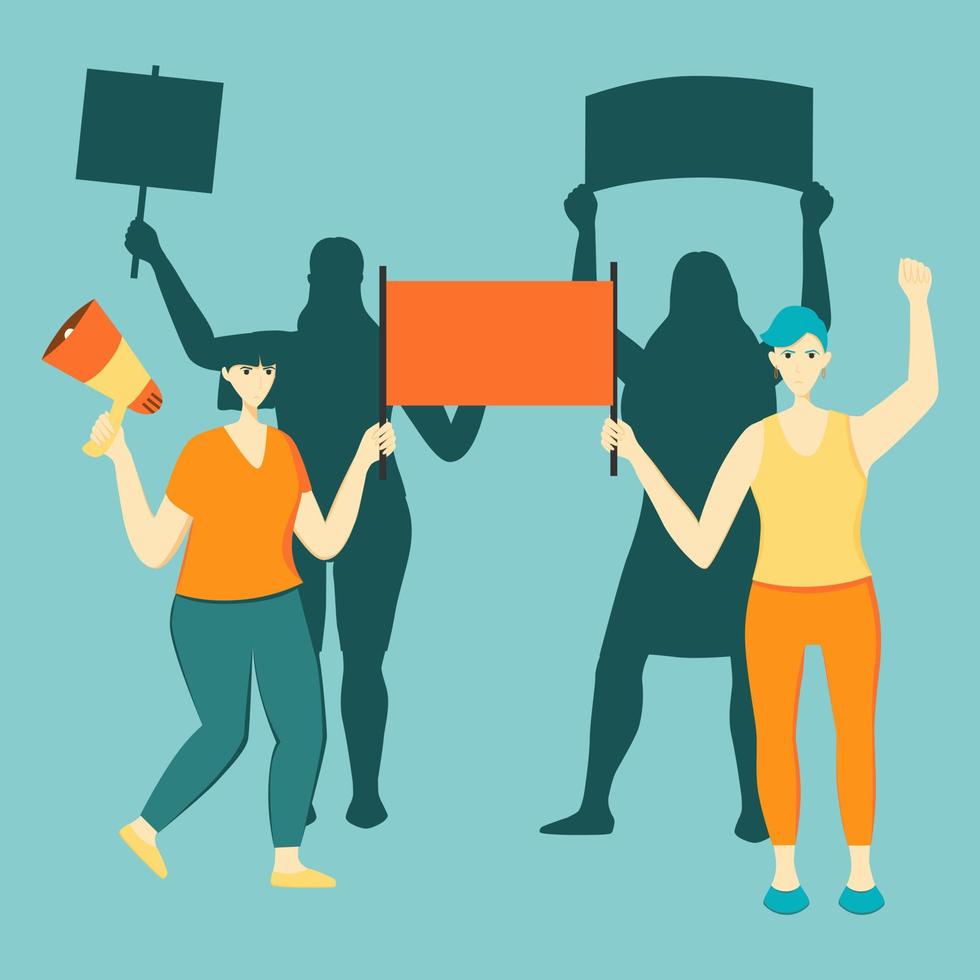 Women protest with banners vector flat illustration