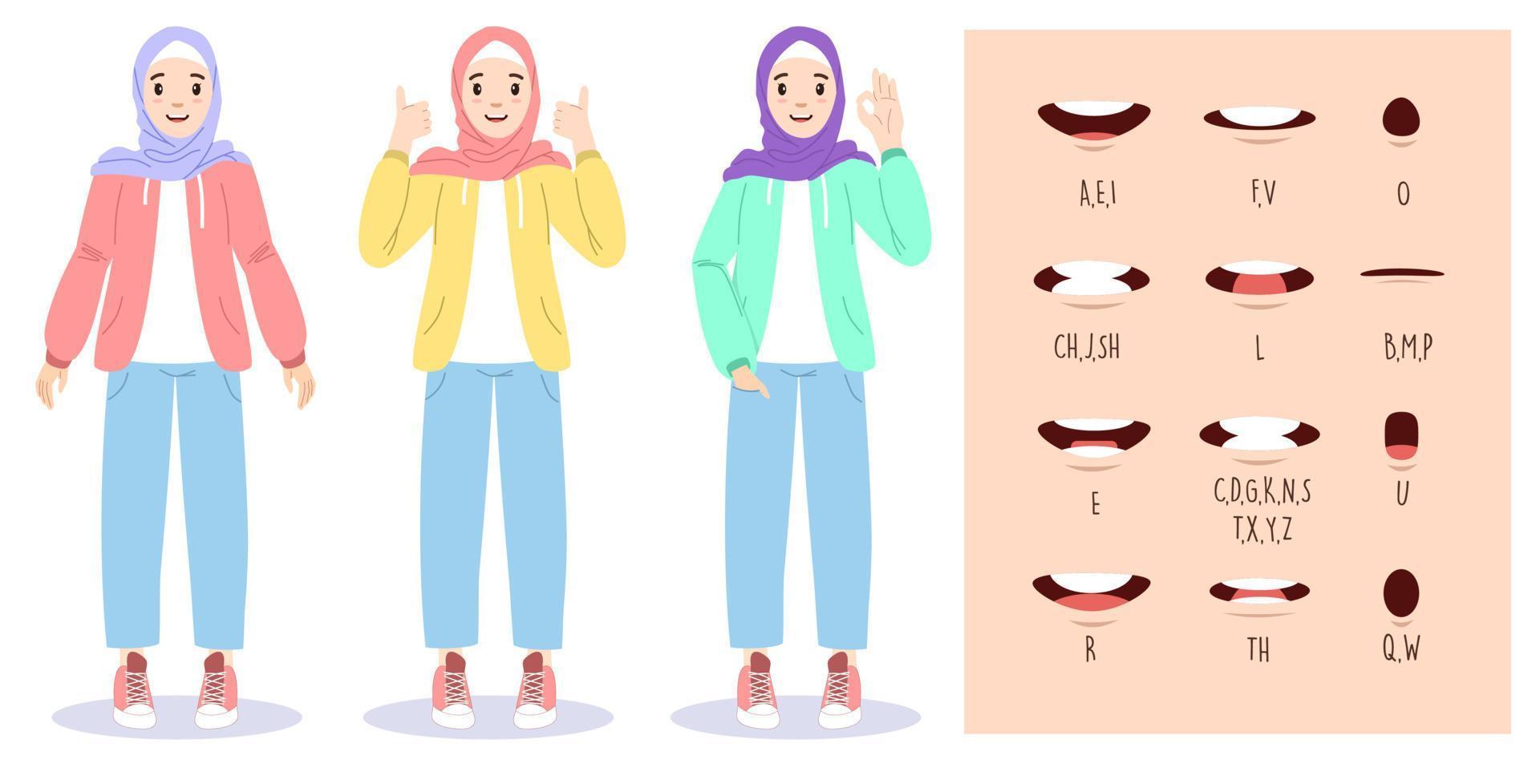 ilustración de mujeres musulmanas jóvenes que usan hiyab con un gráfico de animación bucal. pronunciación del alfabeto vector