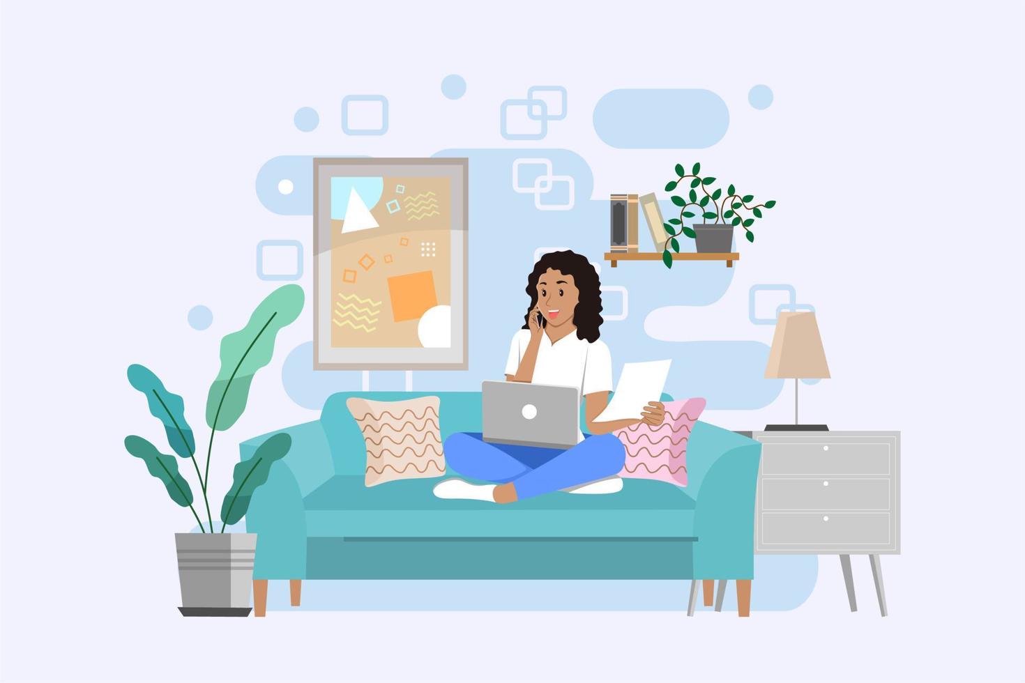 Girl sitting in armchair at home. Woman with laptop on the chair. Freelance or studying concept. Female character, chatting using smartphone. vector