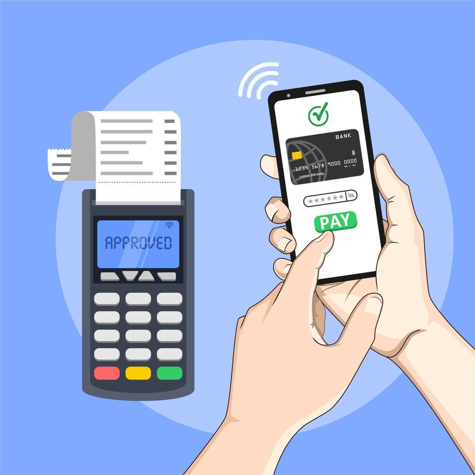 pagos móviles con smartphone. concepto de terminal de pago de comunicación de campo cercano. transacciones en línea, paypass y nfc. ilustración de estilo plano de dibujos animados. vector