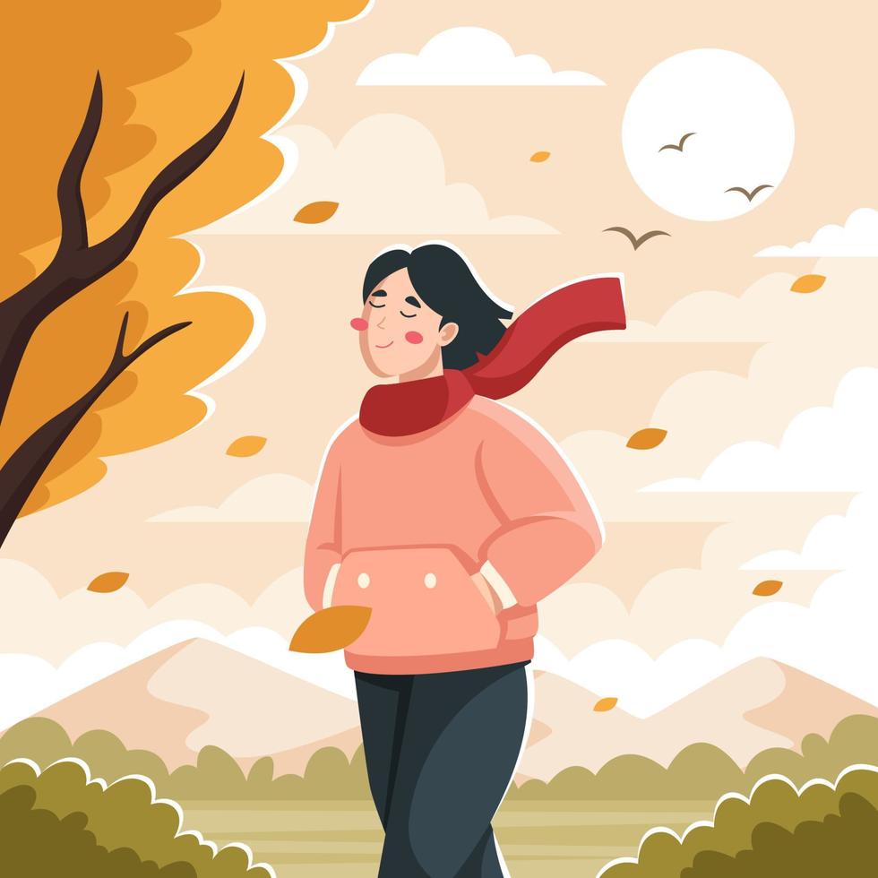 mujer disfrutando del viento y las hojas que caen en otoño vector