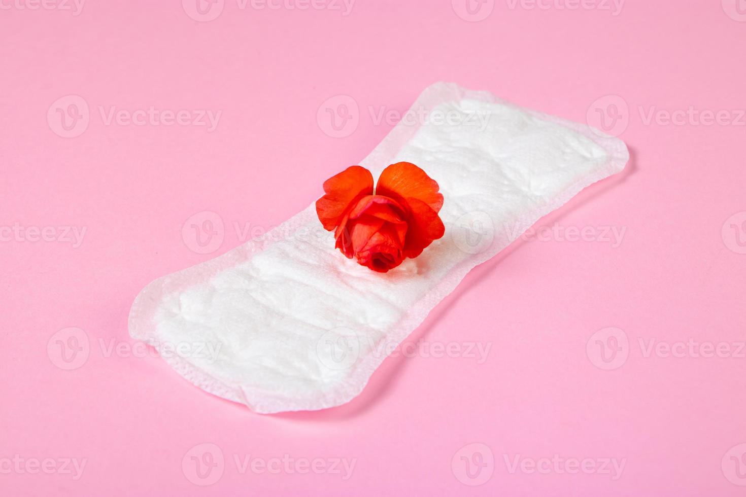 toalla sanitaria y flor roja sobre fondo rosa. concepto de menstruación. foto