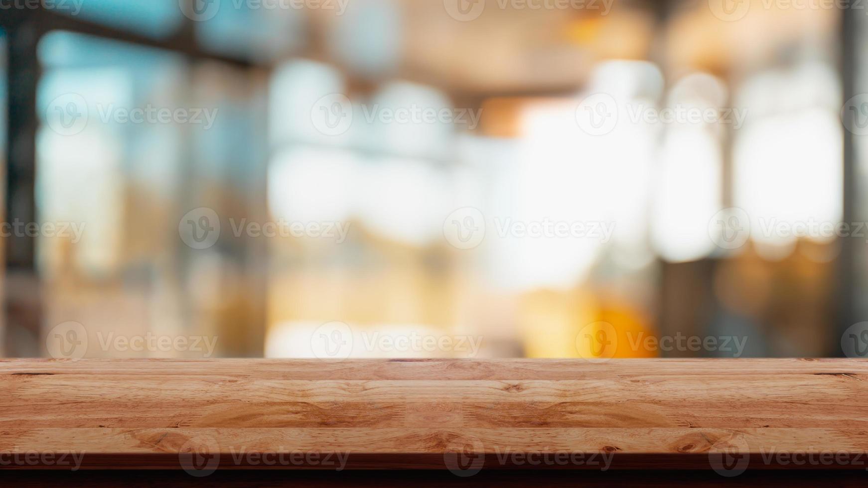 Empty wodd table with abstract modern living room style interior background. photo