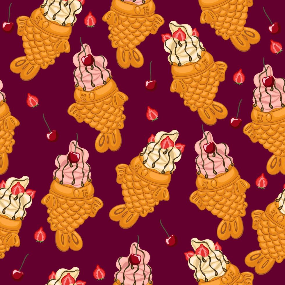 patrón impecable con helado de taiyaki con cerezas y fresas. gráficos vectoriales vector