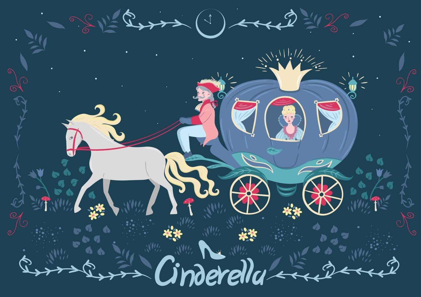 Cinderella in the carriage. Fairytale banner with the inscription. Vector graphics.