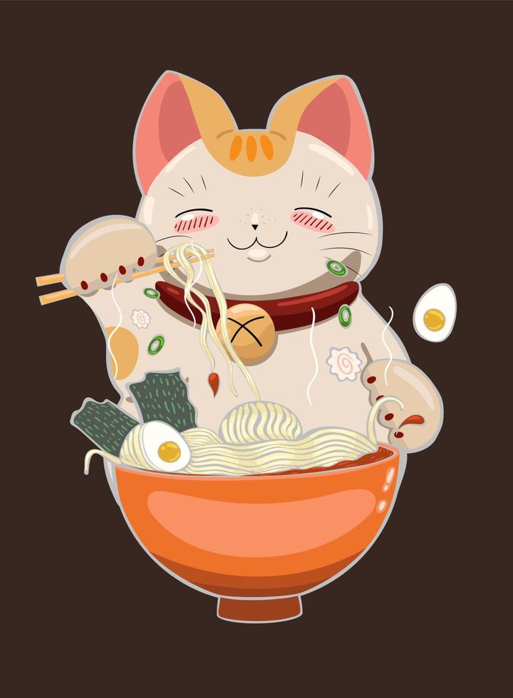 Cat eats ramen noodles with chopsticks. Vector graphics.