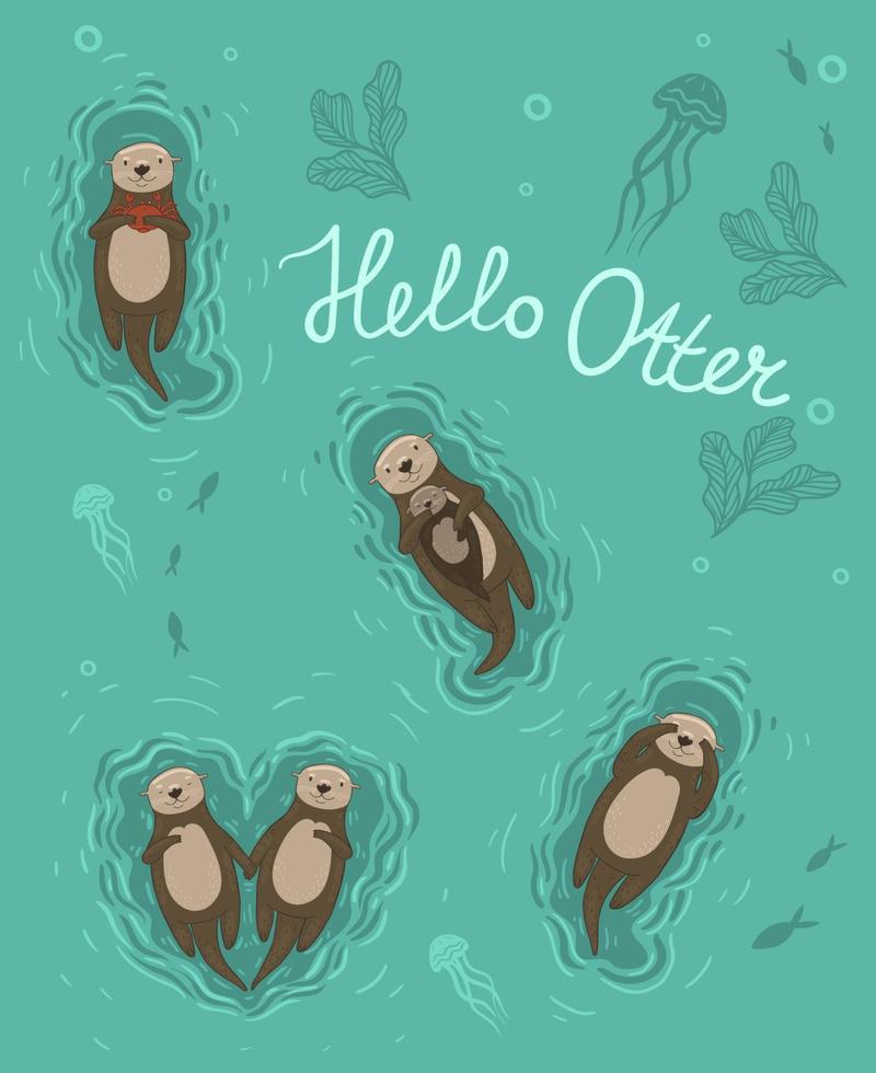 Set of 5 sea otters. Vector graphics.