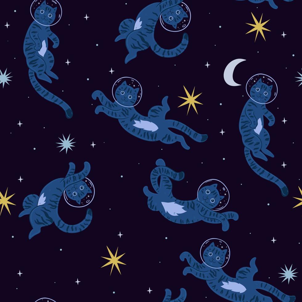 Seamless pattern with cute cats in space. Vector graphics.