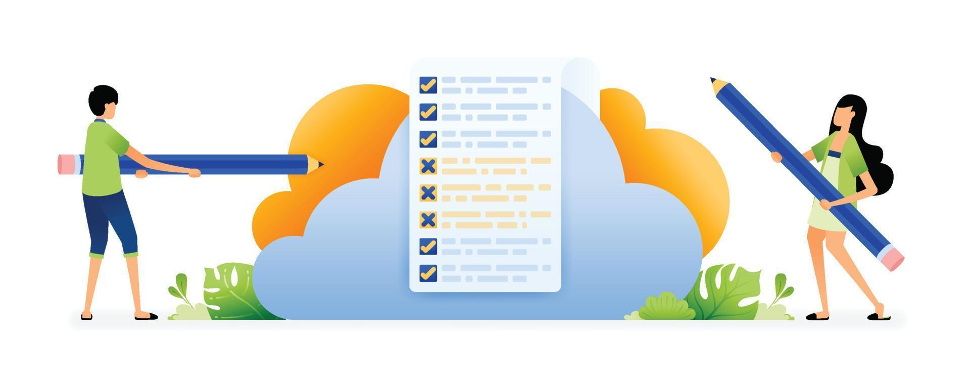 Design of Students hold pencils and filling out polls, surveys, exams or feedback for educational services. Illustration for landing pages websites posters banners mobile apps web social media ads etc vector