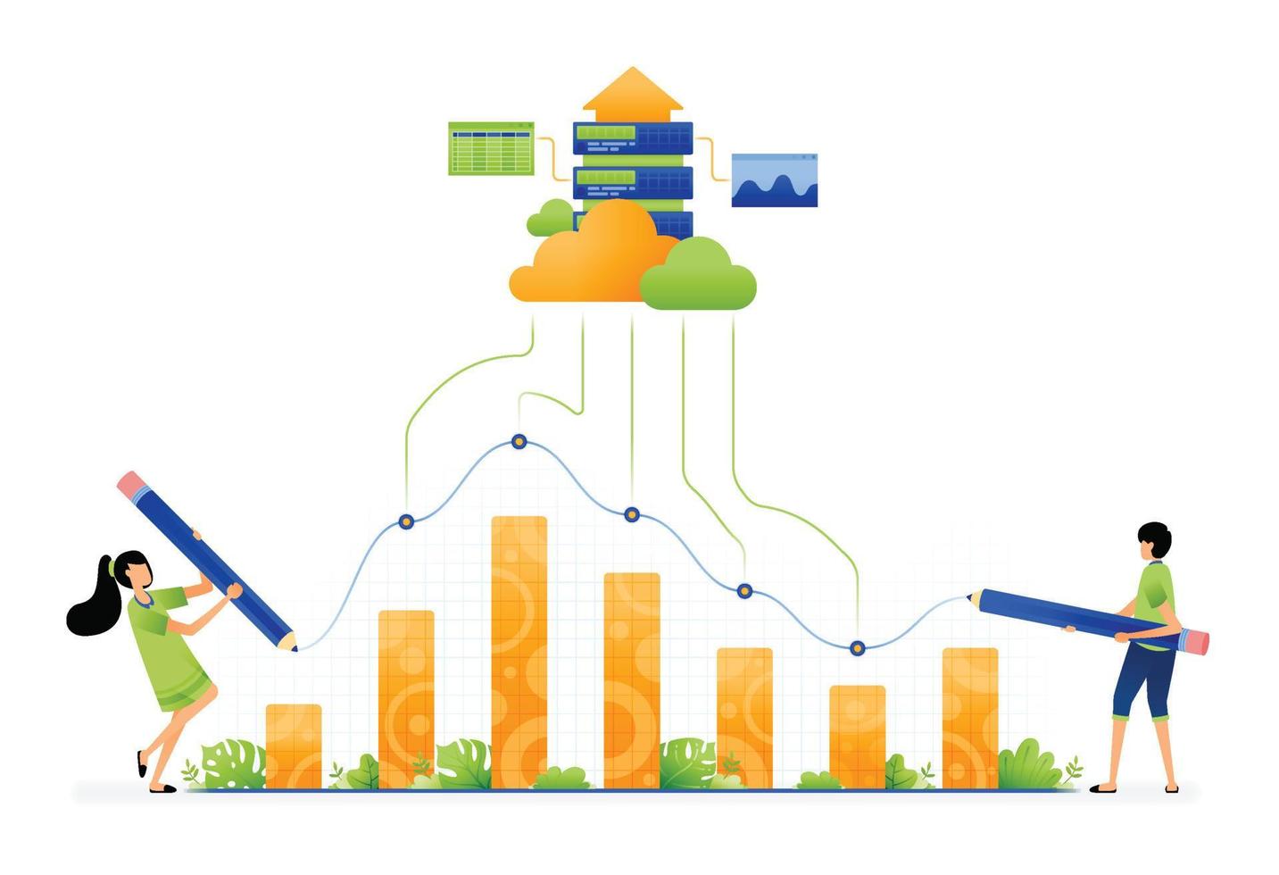 diseño de dos empleados dibujar gráficos y cargar datos para ser procesados en la base de datos en la nube como resultado del informe. ilustración para páginas de destino sitios web carteles pancartas aplicaciones móviles web anuncios en redes sociales, etc. vector