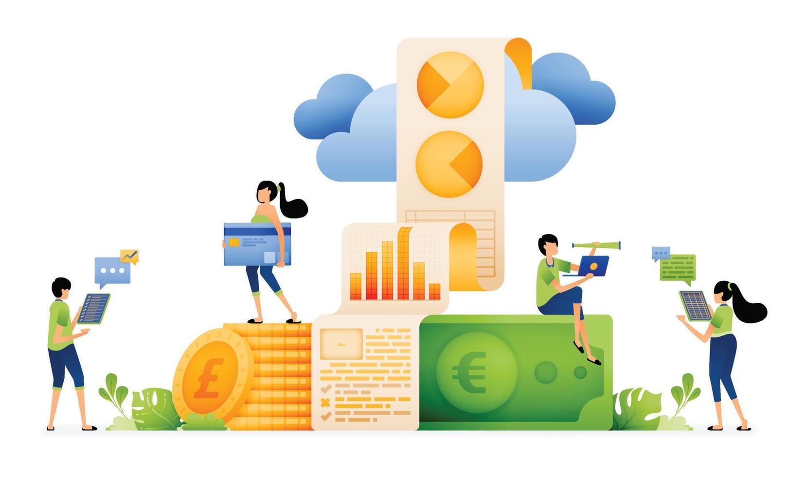 Design of Financial reports uploaded in cloud to make easier for company employees to access anywhere. Illustration for landing pages websites posters banners mobile apps web social media ads etc vector