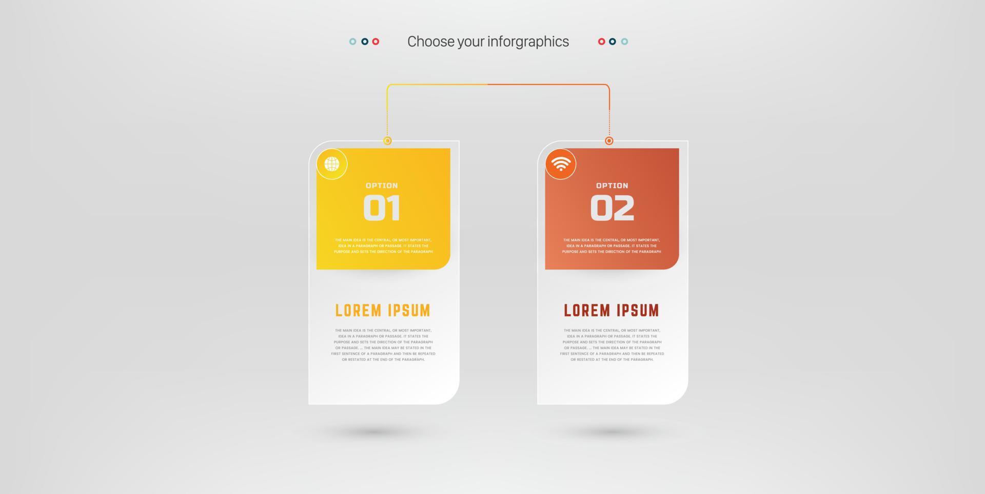 dos diseños infográficos con iconos. 2 opciones o 2 pasos. diagrama de proceso, diagrama de flujo, gráfico de información, infografía para concepto de negocio, banner de presentaciones, diseño de flujo de trabajo vector