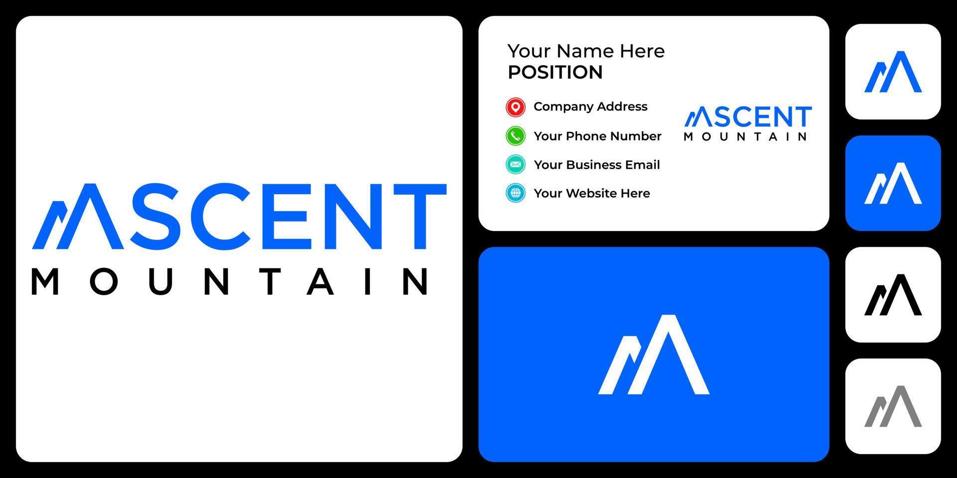 Letter A monogram mountain logo design with business card template. vector