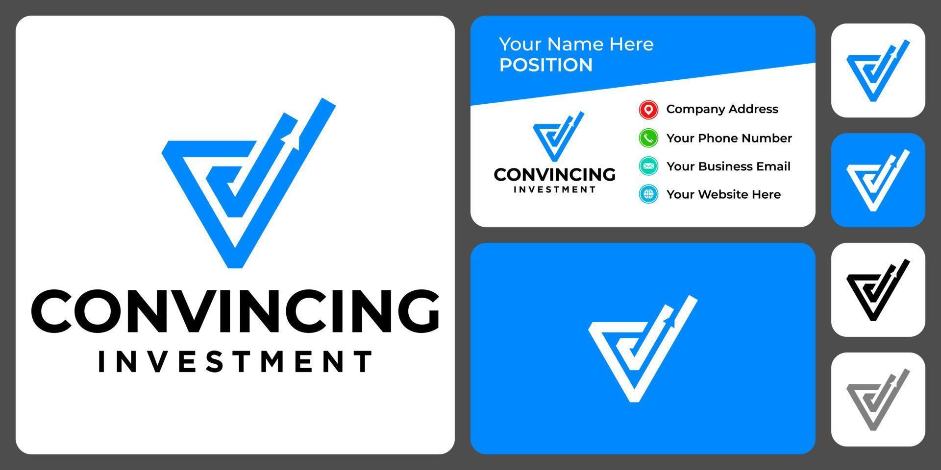 diseño de logotipo de inversión de monograma de letra cv con plantilla de tarjeta de visita. vector
