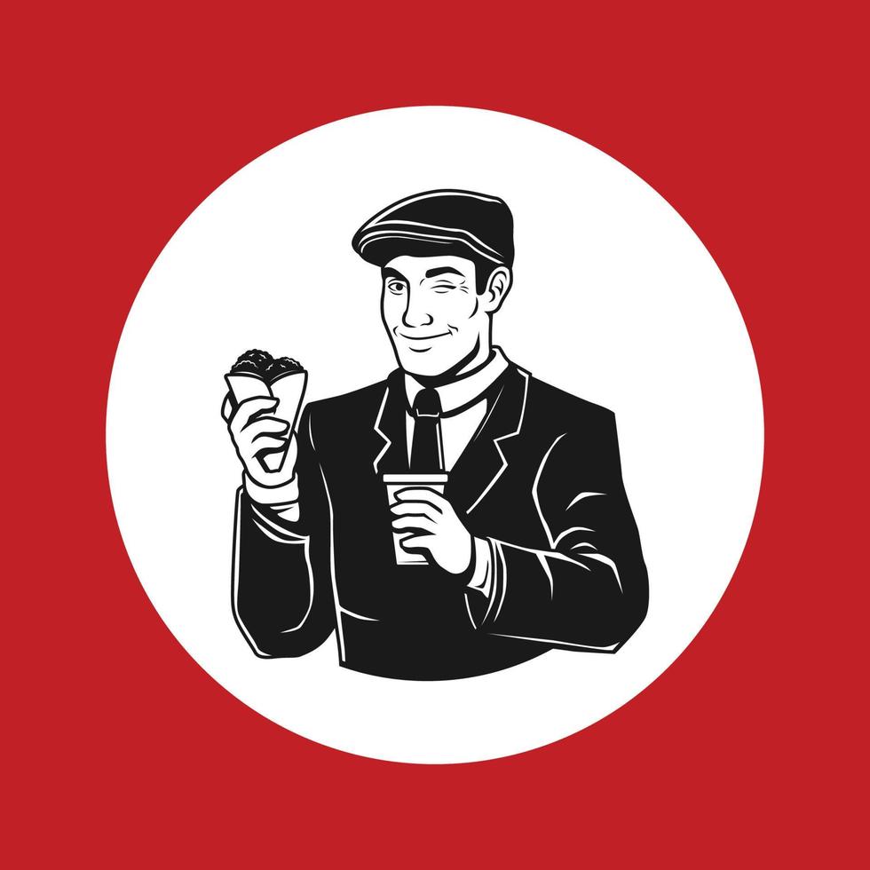 man with uniform holding food and drink illustration vector