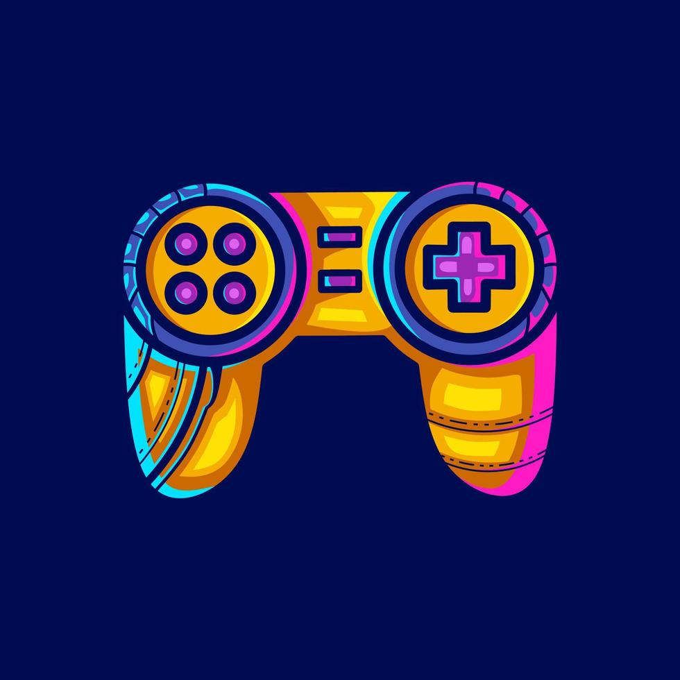 joystick consola de juegos cyberpunk logo línea pop art retrato ficción colorido diseño con fondo oscuro. ilustración vectorial abstracta. vector