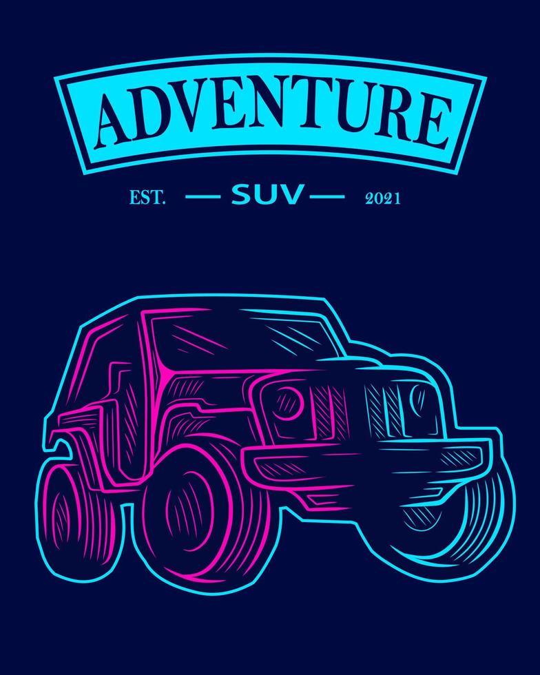 Of Road Adventure Vehicle Line Pop Art Potrait Logo Colorful Design with Dark Background. vector