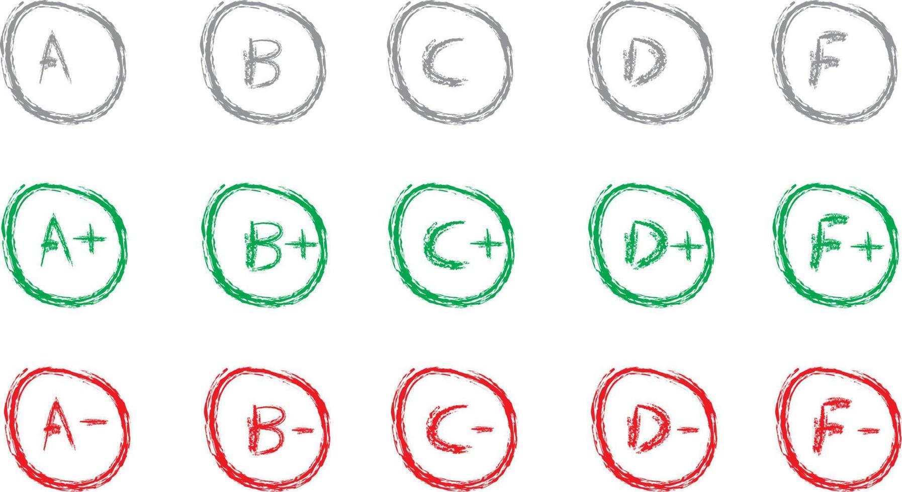 Assessment results. Hand drawn school or college exam results. Class grades with circles, pluses and minuses vector