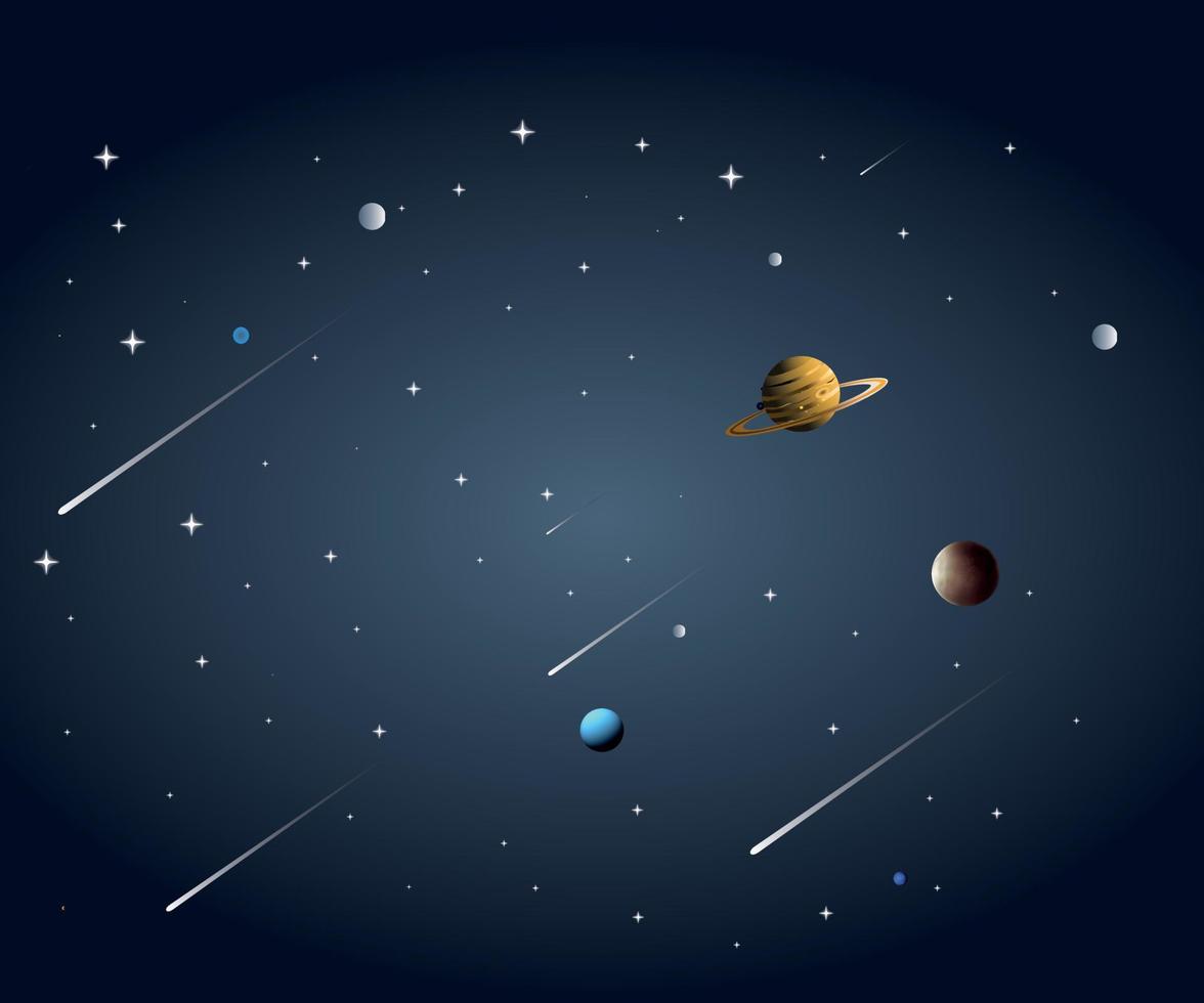 Cartoon space banner with purple planet surface with craters on night galaxy sky vector