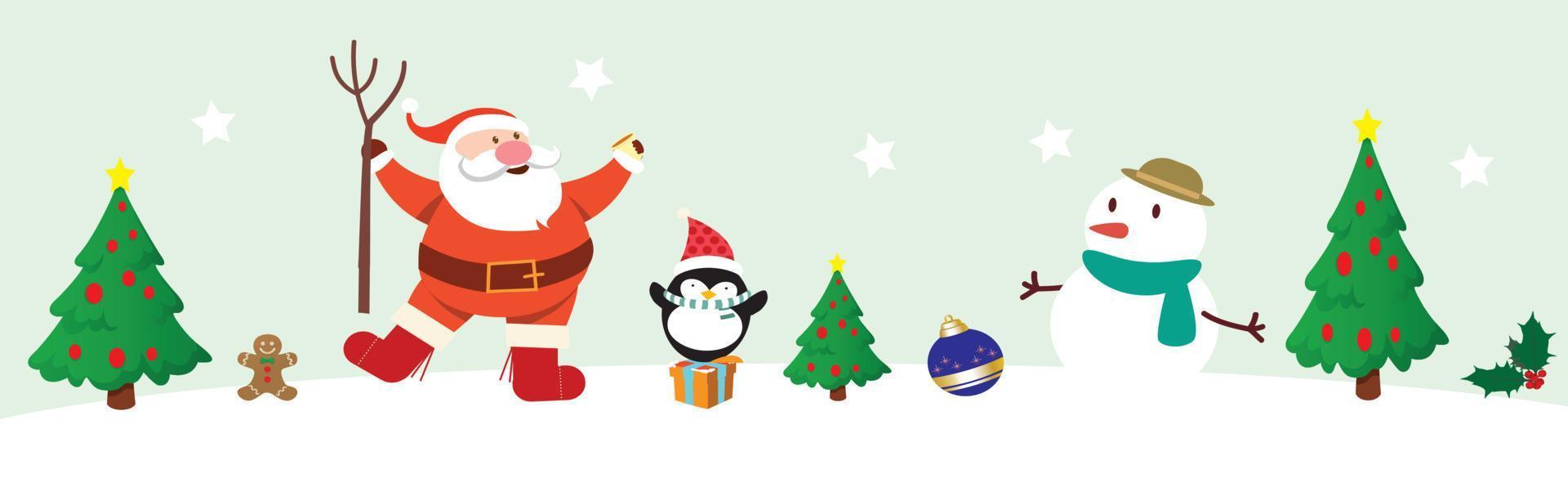A cartoon of Santa with a reindeer and snowman on winter landscape vector