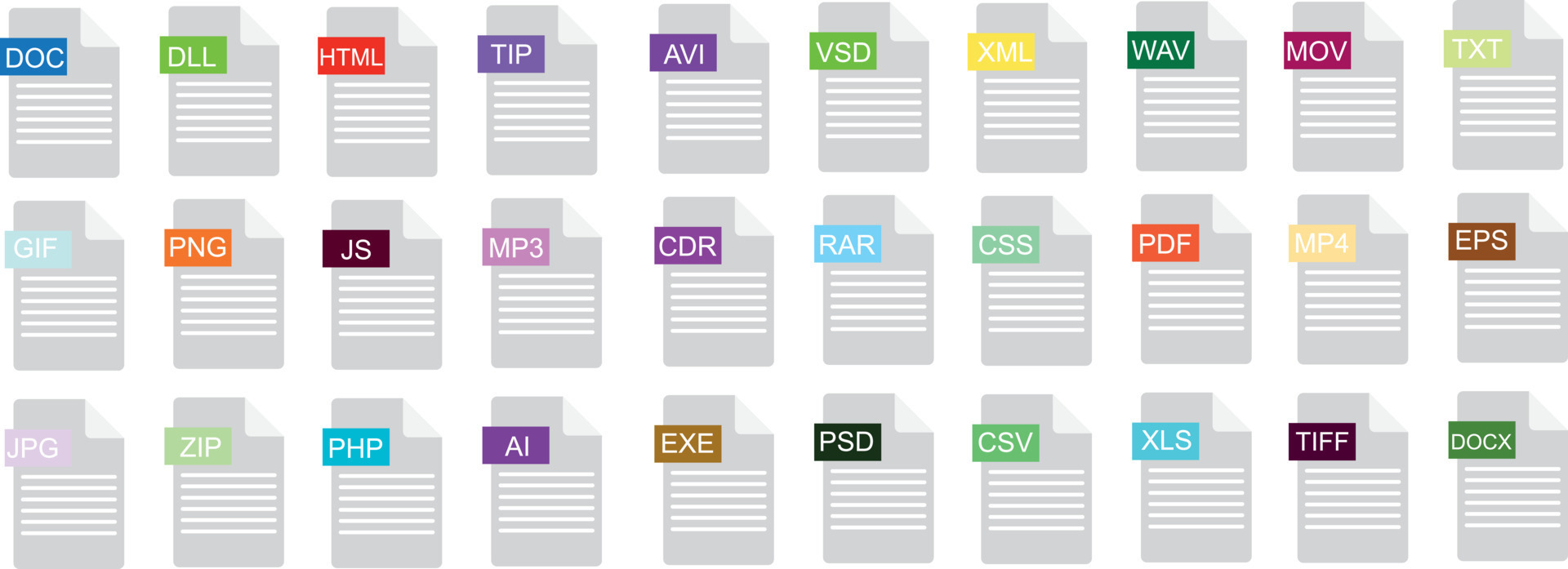 File type icons. Format and extension of documents. Set of pdf, doc, excel,  png, jpg, psd, gif, csv, xls, ppt, html, txt and others. Icons for download  on computer. Graphic templates for