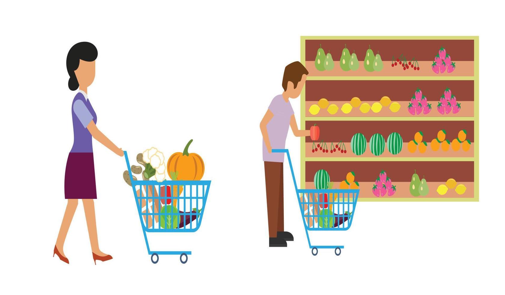 personas que visitan el supermercado para comprar comestibles. hombres y mujeres felices eligiendo productos en la tienda, personajes en la tienda con bolsas y carritos. compras, rutina diaria. ilustración vectorial de dibujos animados vector