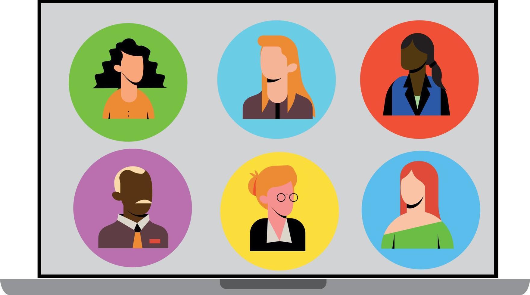 Stay and work from home. Video conference chat illustration. Stream, web chatting, meeting friends online. Workplace, laptop screen, group of people talking by internet. Video communication vector