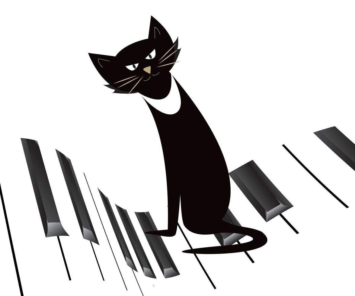 Cat who is very fond of music black cat sitting on the piano and listening to music vector