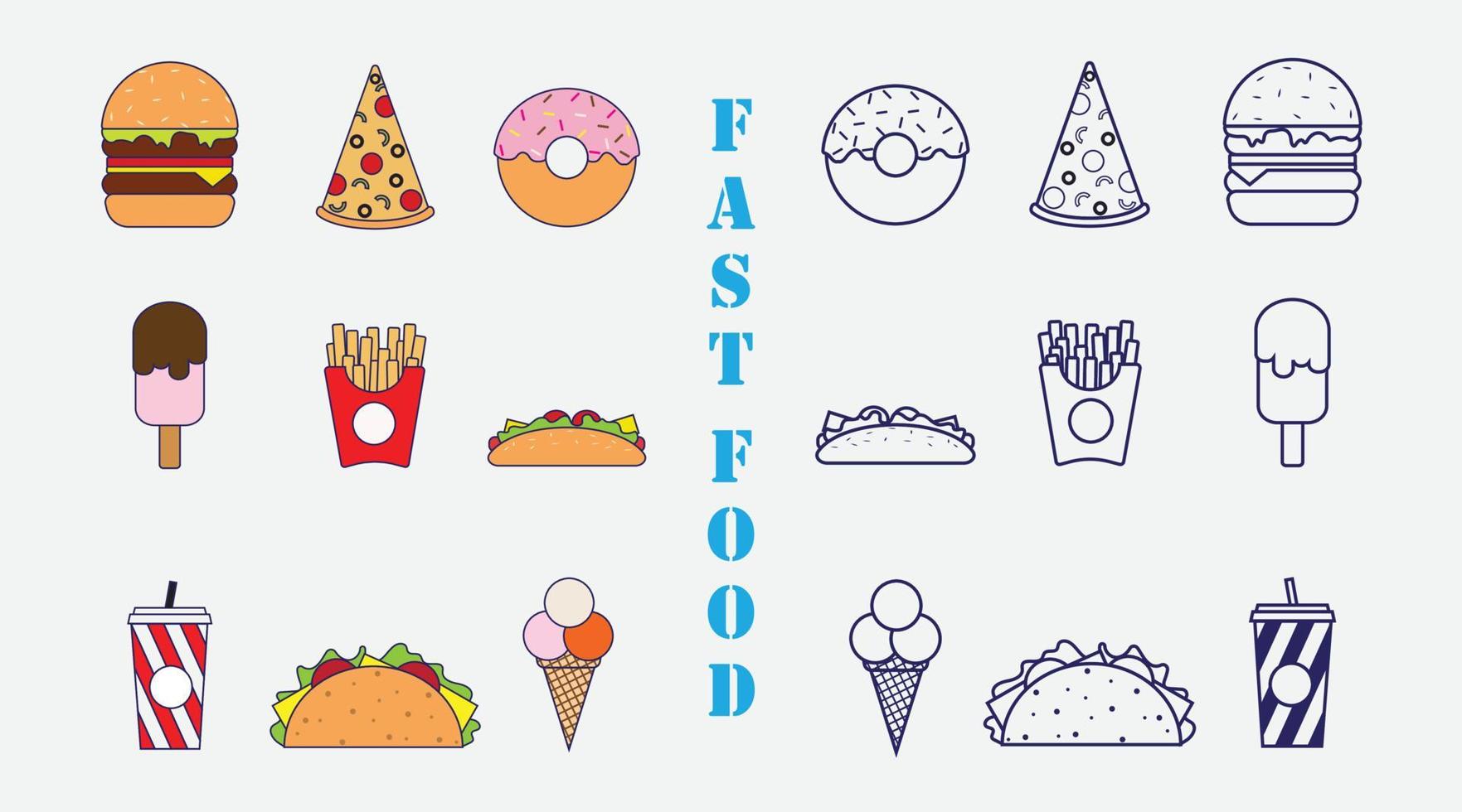 iconos de comida rápida establecer diseño vectorial. ilustración de dibujos animados de comida rápida. vector