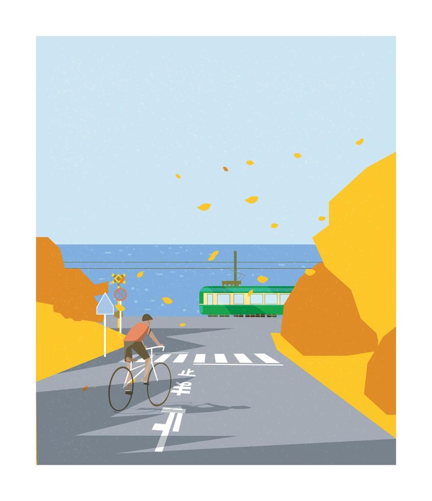 web otoño ciudad calle paisaje tren y playa. japón paisaje de otoño o verano en el mar con tren y flor que cae. un hombre montando bicicleta libremente. escena limpia y agradable vector