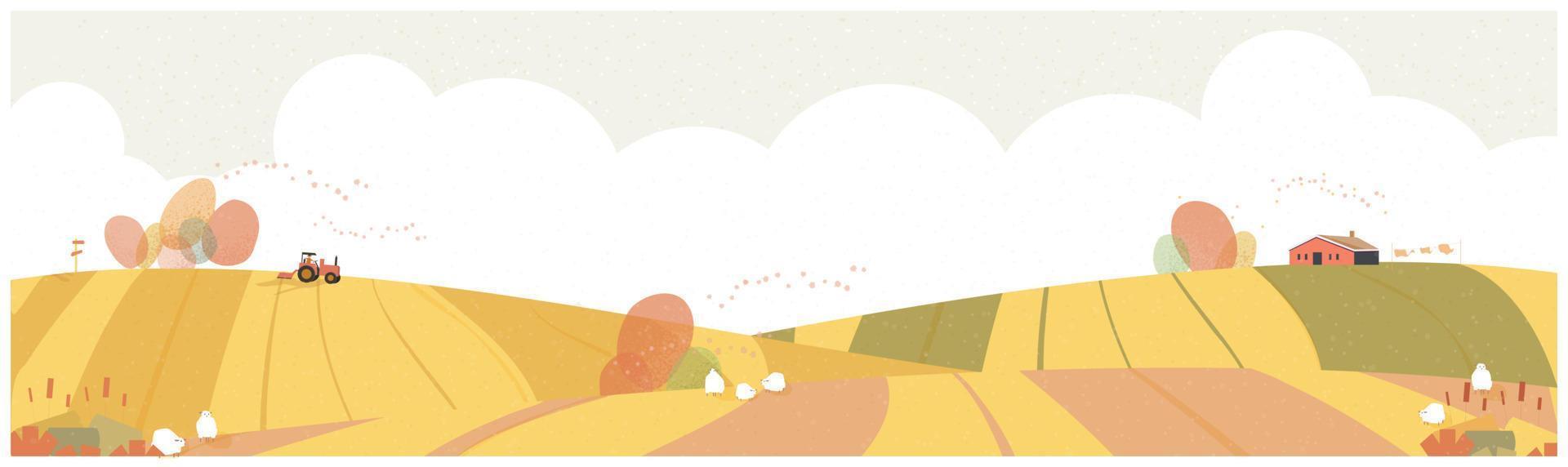 Web Landscape vector illustration.Minimal countryside in autumn.Farmhouse and truck in crops field.Fallng leaf