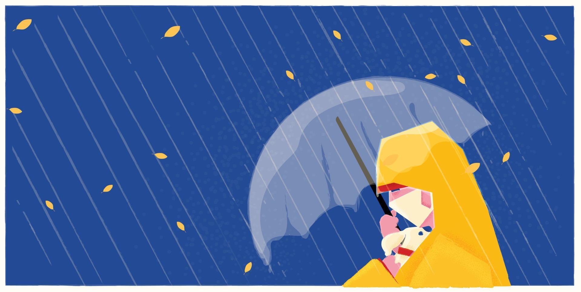 Art Woman with dog under umbrella while raining vector