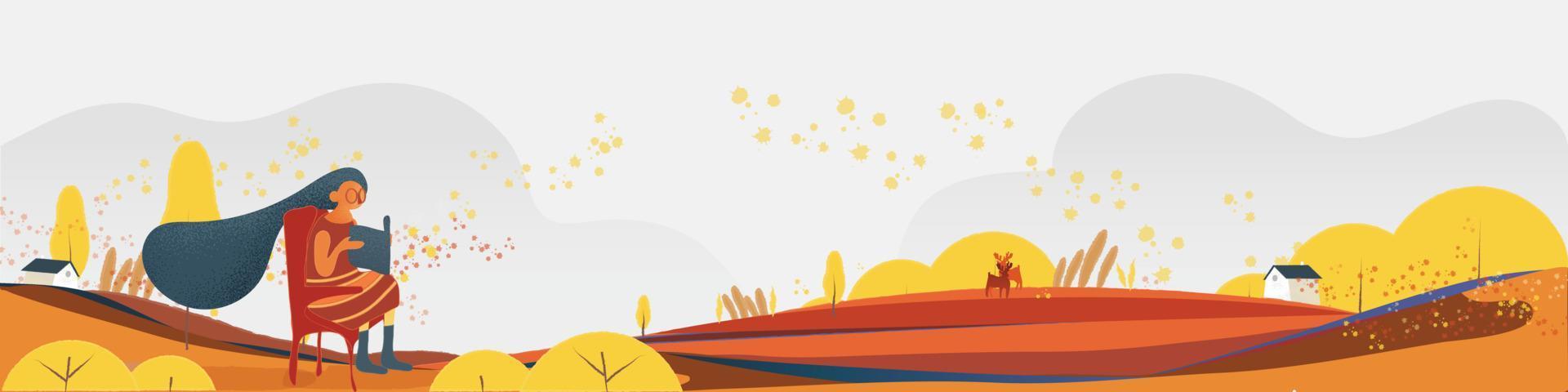 ilustración vectorial web de las actividades de la gente durante la temporada de otoño o caídas. gente leyendo al aire libre mientras el viento sopla contra el fondo rural de otoño. concepto de gente en otoño vector